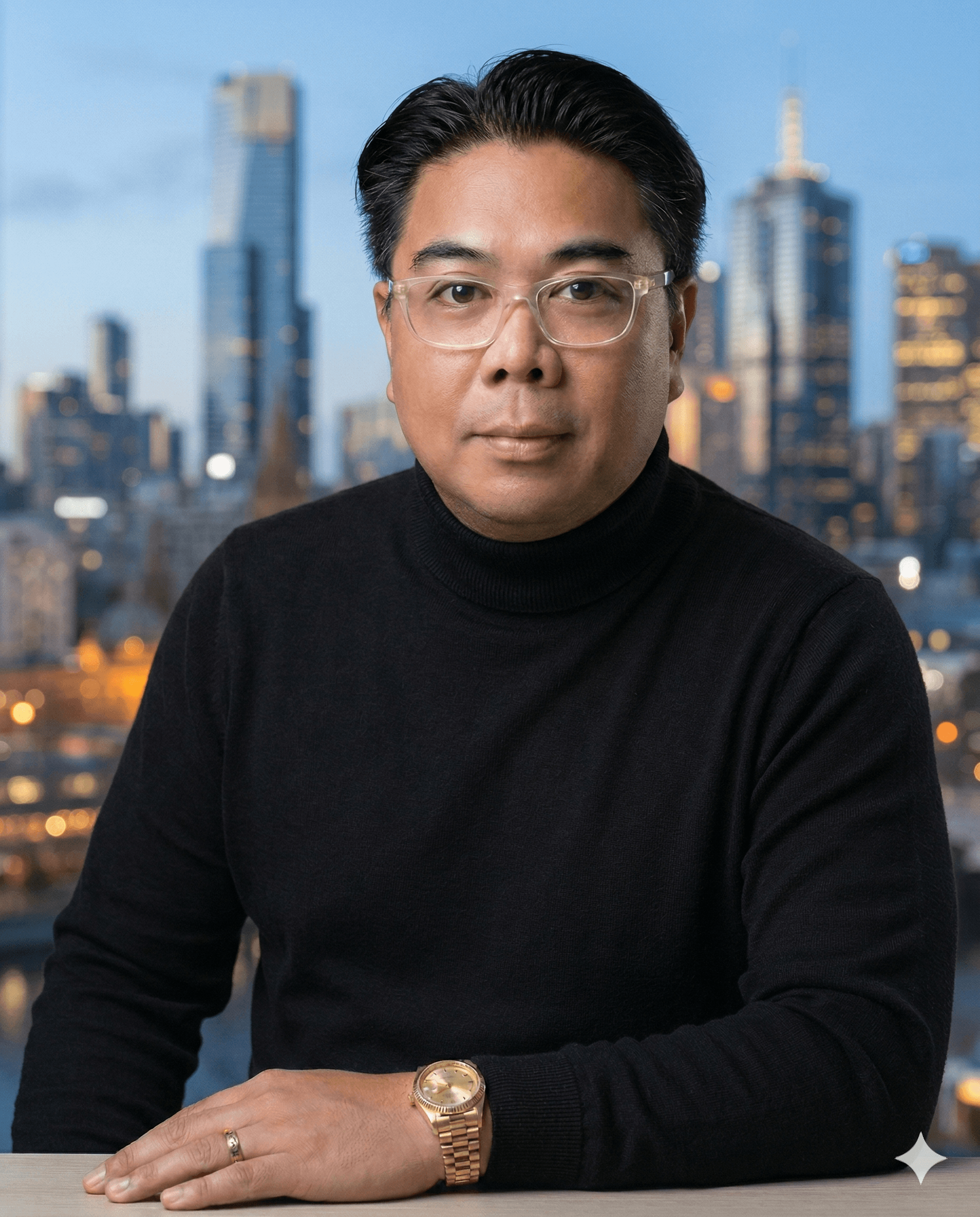 Rob Angeles, photographed against the Melbourne skyline at dusk.