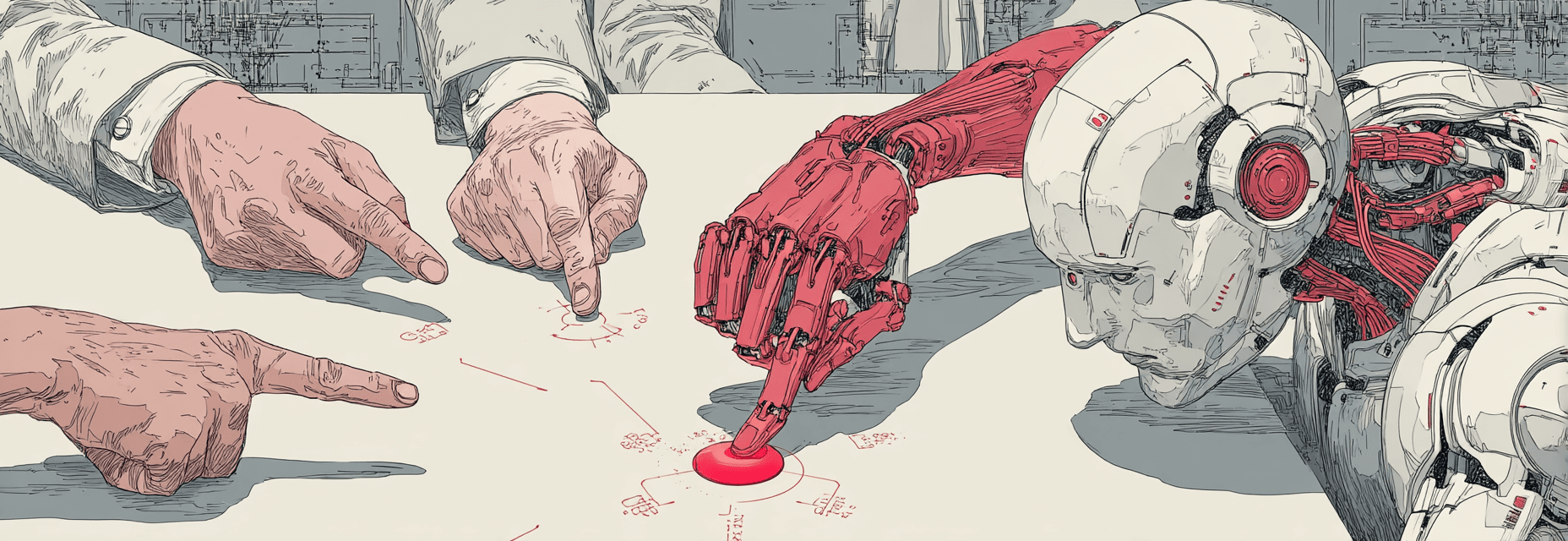 An AI agent hovers over a red “Approve” button while human hands point in opposite directions