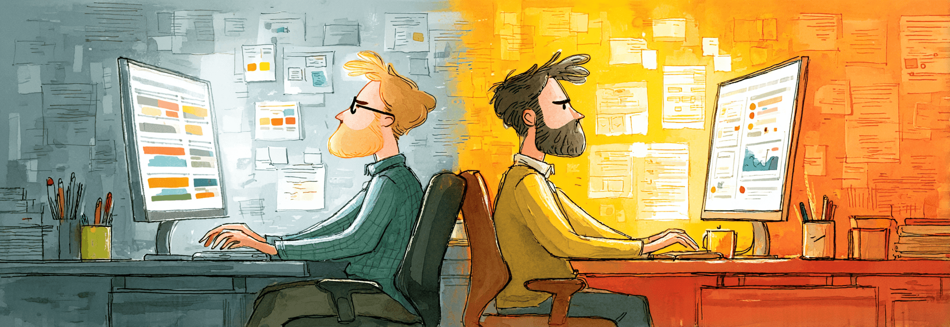 A split screen shows Copilot enablement in action, contrasting a cluttered pre-Copilot workflow with a focused, simplified in