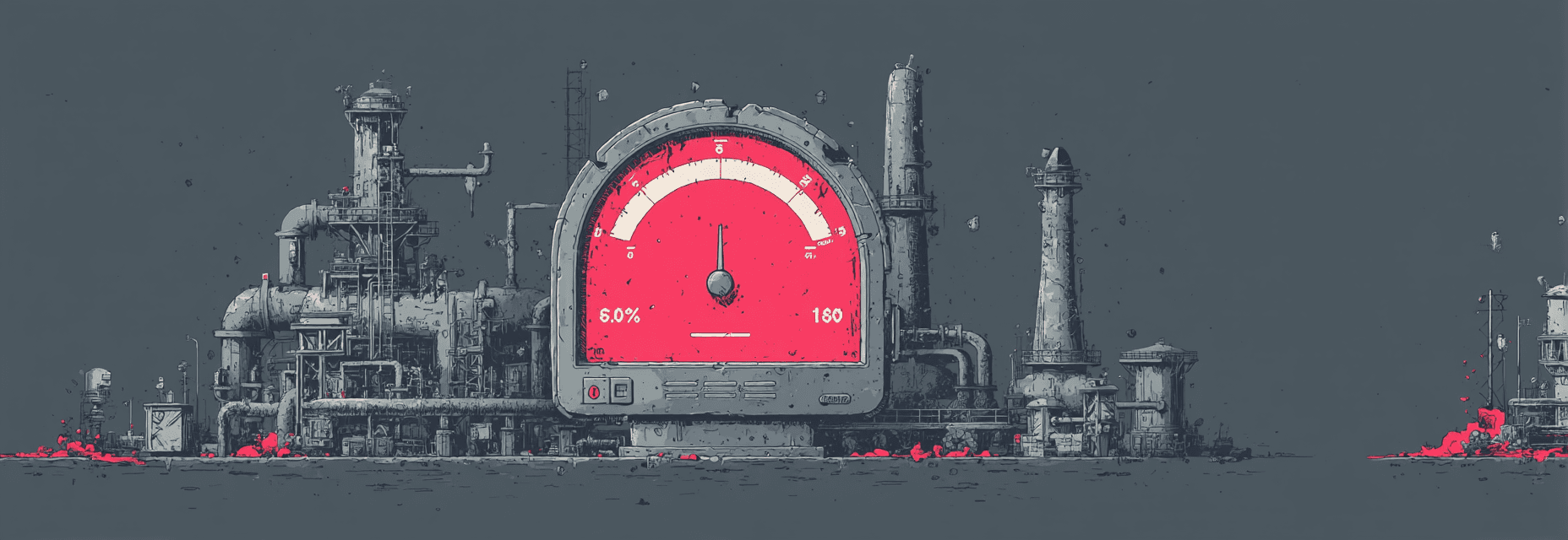 Illustration of a data pipeline flowing into a bright gauge, surrounded by broken presentation screens.