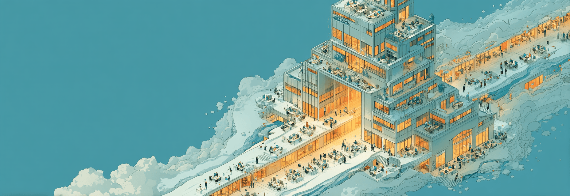 Fragmented work strategy visualized as rigid office walls cracking while streams of tasks flow freely across them.