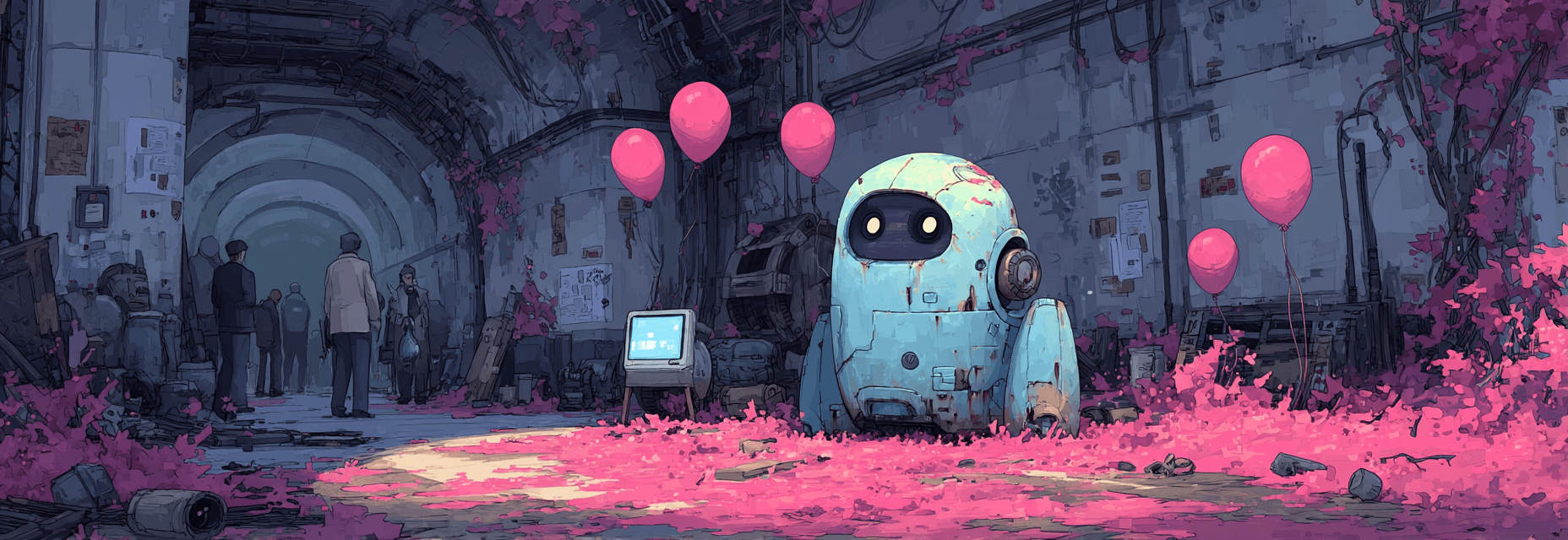 An abandoned robot prototype sits in a spotlight, surrounded by confetti and balloons from a forgotten demo, while cobwebs fo