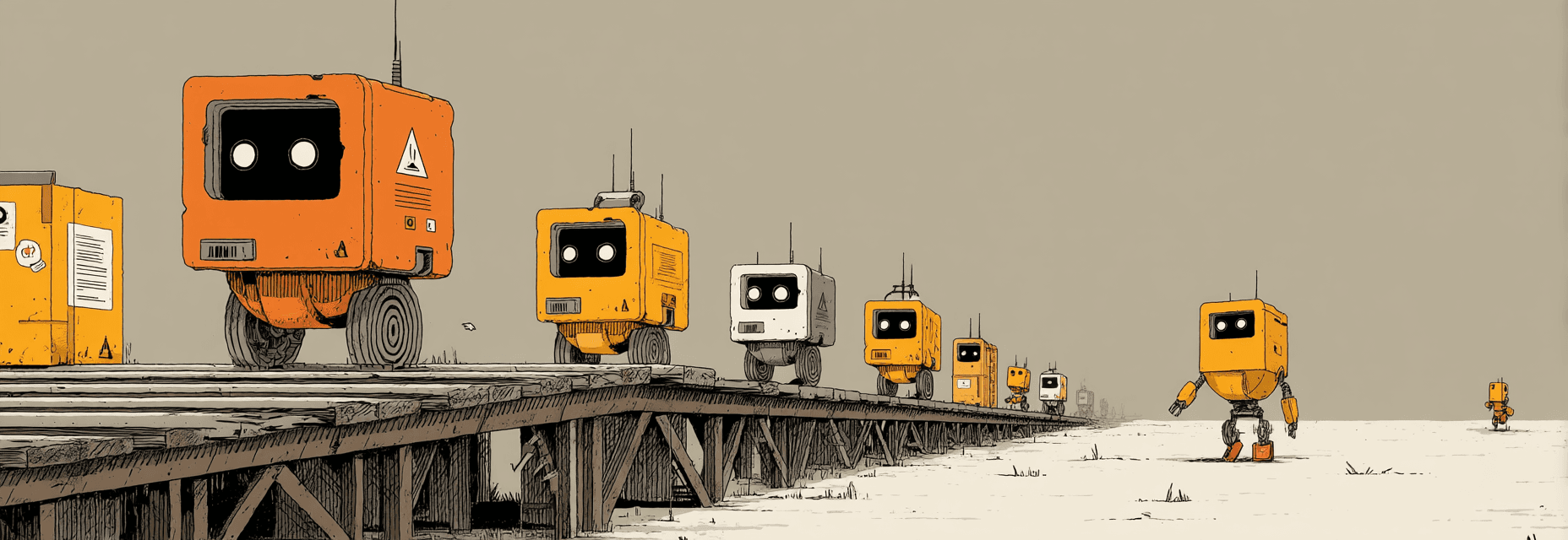 A single file of narrow AI agents moving through checkpoints, following the agent roadmap 2026