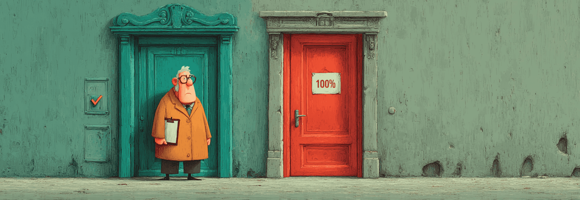 Figure with completion certificate facing a closed, unmarked door, symbolizing the gap between training completion and actual