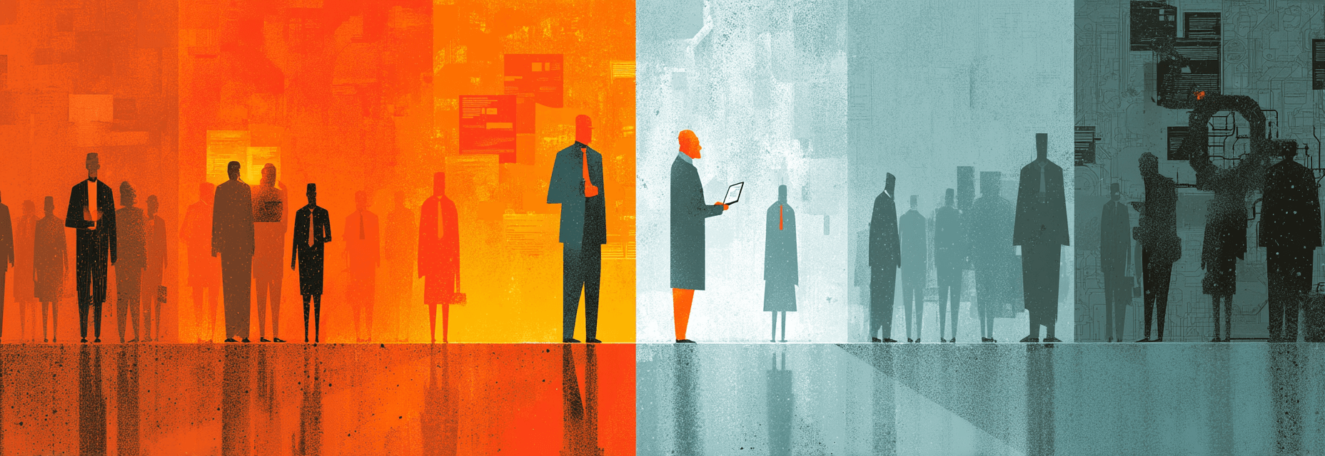 Silhouetted employees walking away as gears and dashboards replace them in the background—symbolizing automation and job disp