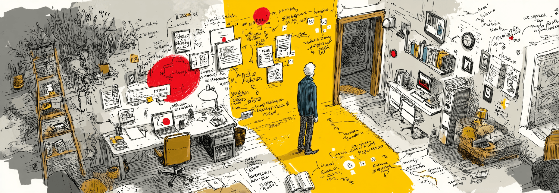 An enterprise floor plan where pipelines run alongside handwritten notes, coffee cups, and dotted lines symbolizing trust and