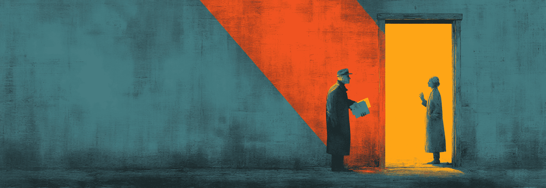 Two figures frozen mid-exchange, papers suspended between them, one refusing to receive what the other cannot withhold.