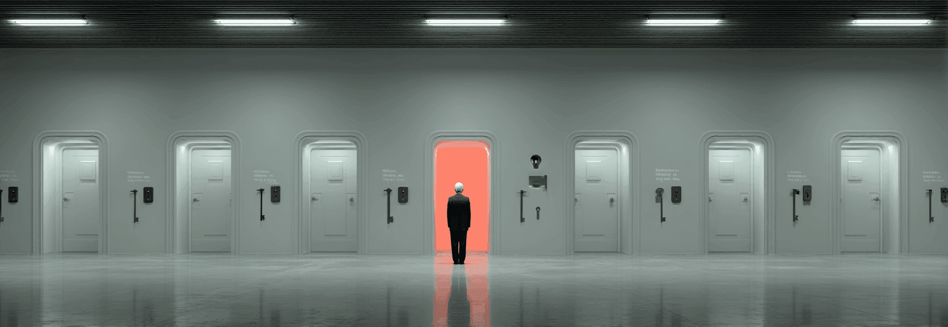 Figure holds five keys; only one lock matches. The rest hang unused. Institutional corridor, rust-red accent.