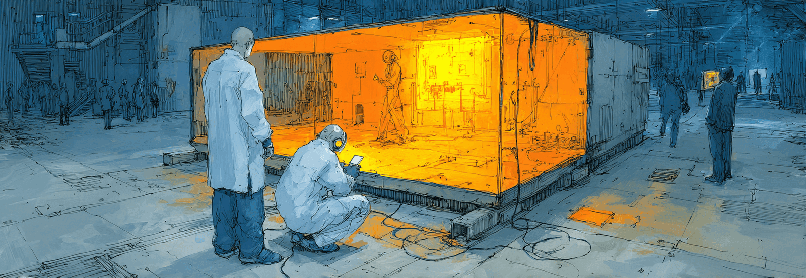 Sealed glass box holding glowing tool; figure outside sketching invisible blueprint. Possession versus capability divided.