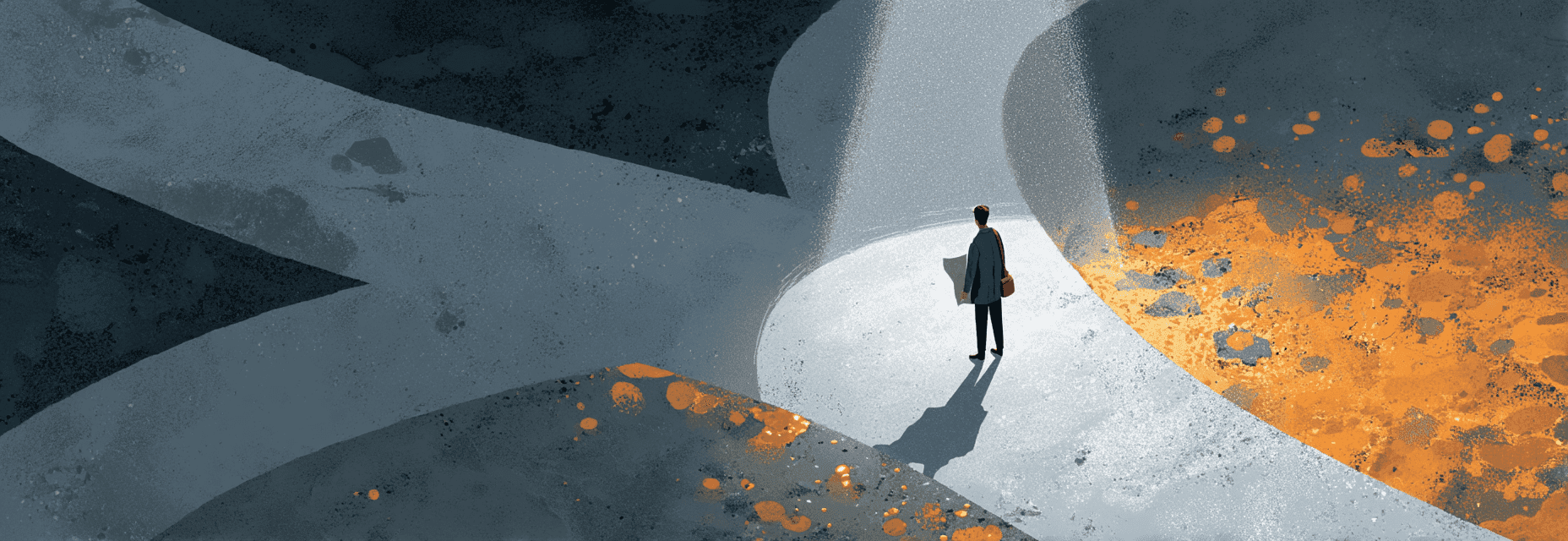 Figure holding wrong map at junction of two diverging paths, one smooth and one jagged, under spotlight.